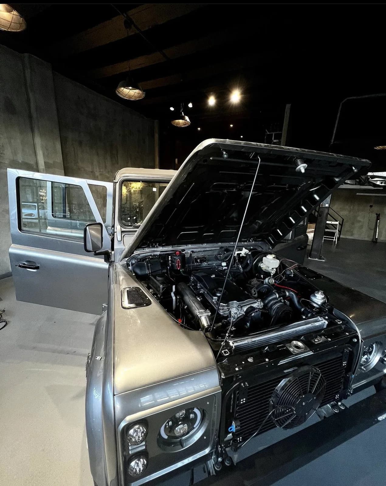 Defender engine bay during an Altera mechanical rebuild